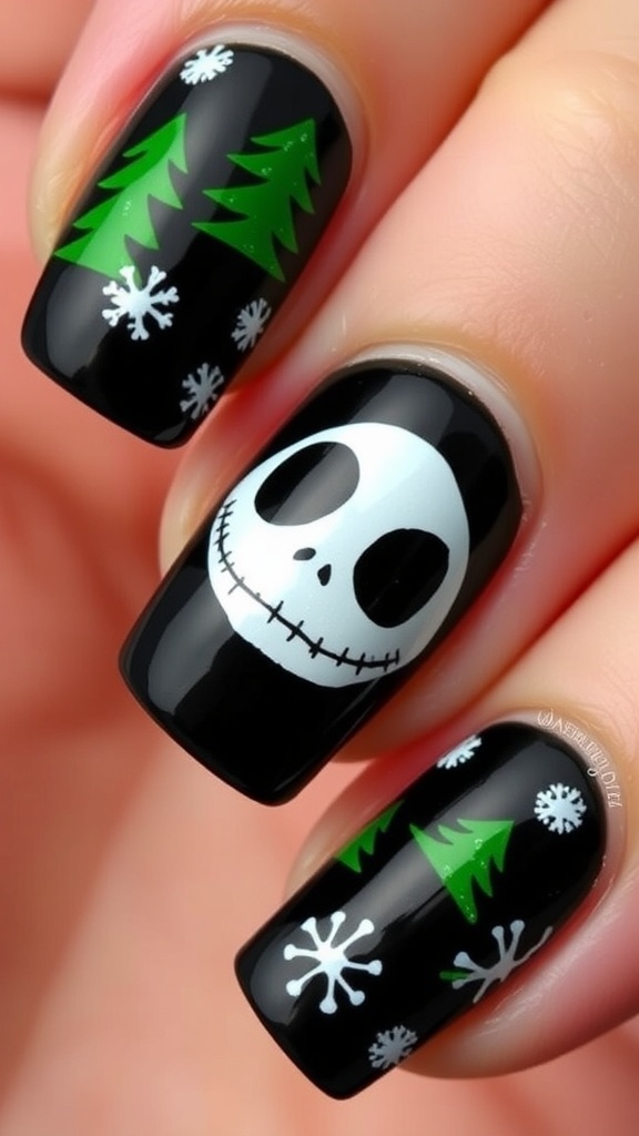Jack Skellington Christmas Nail Art Design Nail art design featuring Jack Skellington with Christmas elements on a black background.